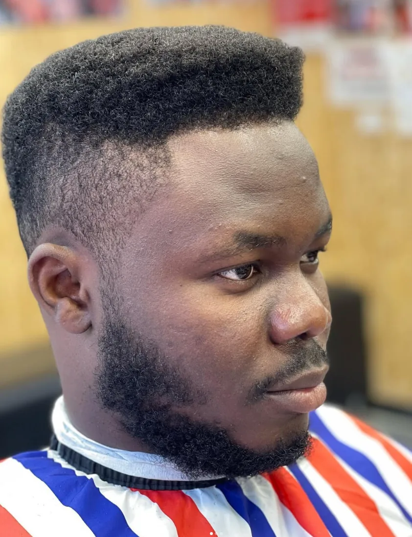 Close-up of a textured high-top haircut with a clean temple fade and shaped beard